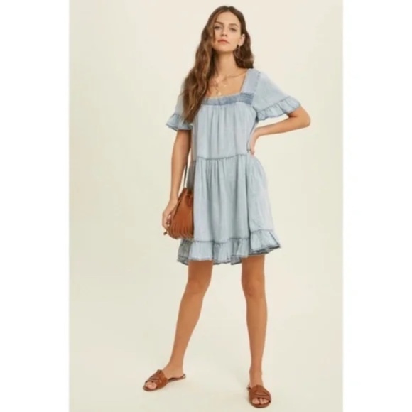 Denim Tencel Square Neck Short Sleeve Ruffle Trim Babydoll Casual Mini Dress - Picture 6 of 11
